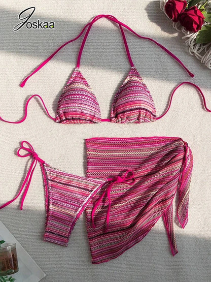 Women's Stripe Lace Halter Swimwear Striped Bikini Set Navy Blue – Detail View