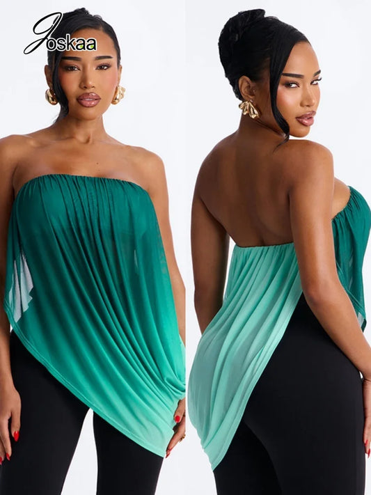 Women's Mesh Ruched Strapless One Shoulder Top - Women's Fashion Wholesale - Front View