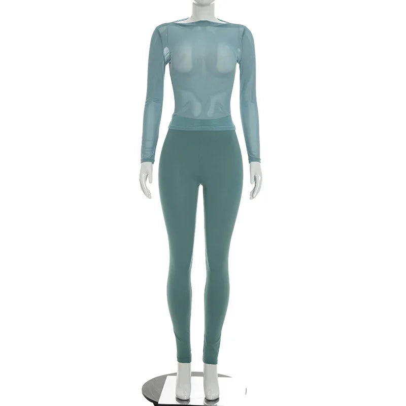Women's Mesh Long Sleeve High Waist Two Piece Set - Detail View 8