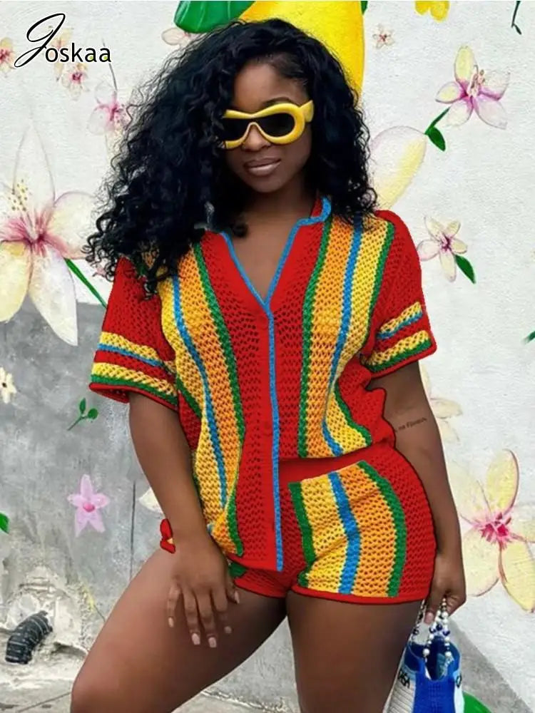 Women's Stripe Knit Short Sleeve Two Piece Set Black – Front View