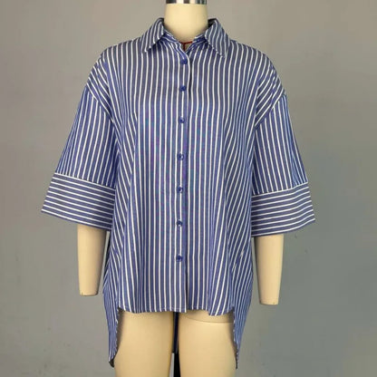 Women's Stripe Long Sleeve Blue Striped Shirt Top