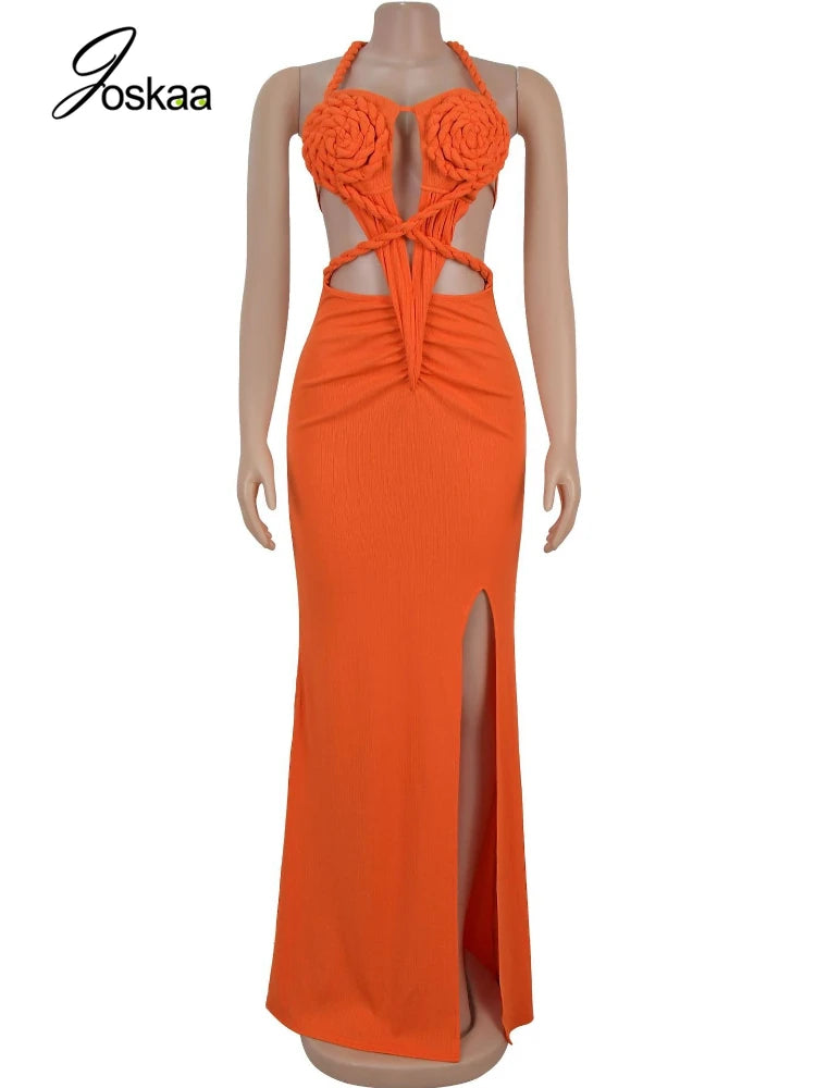 Women's Knit Backless Cutout Halter Bikini Set Orange – Side View