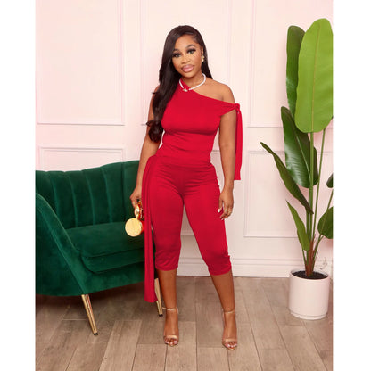 Women's One Shoulder Crop Sporty Oblique Two Piece Set