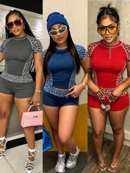 Women's Leopard Print Short Sleeve Crop Two Piece Set – Women's Fashion Wholesale – Front View