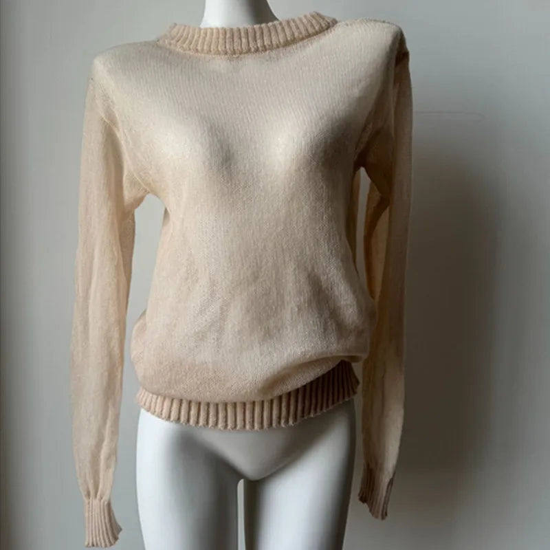Women's Mesh Knit Long Sleeve Ribbed Top