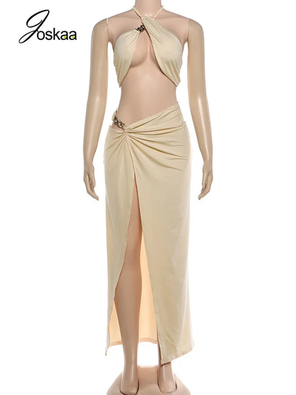 Women's Backless Halter Two Piece Bikini Set Apricot – Back View