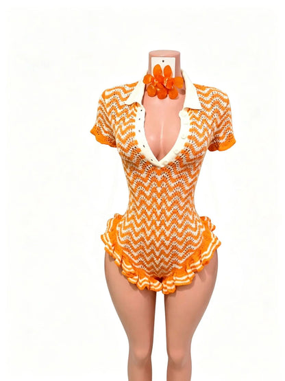 Women's Striped Ribbed Knit Bodycon Romper - Detail View 11
