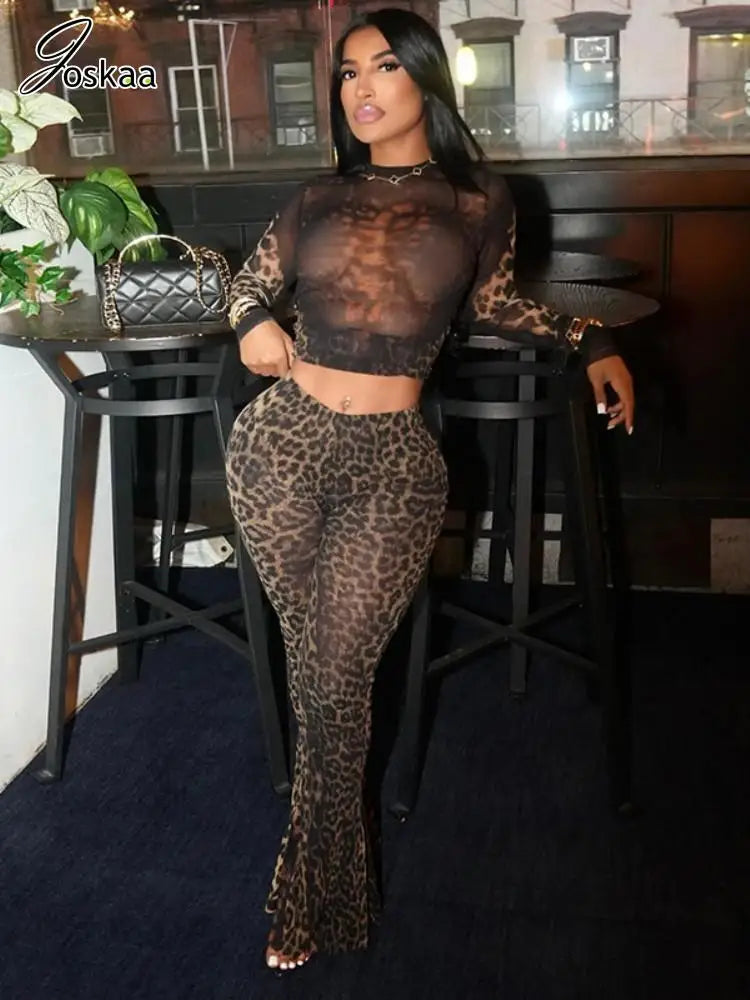 Women's Leopard Print Long Sleeve Two Piece Set Leopard Print – Front View