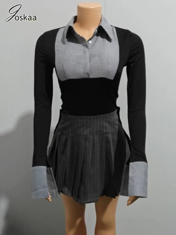 Women's Stripe Long Sleeve Mini Two Piece Set Black Gray Sets – Back View