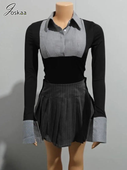 Women's Stripe Long Sleeve Mini Two Piece Set Black Gray Sets – Back View