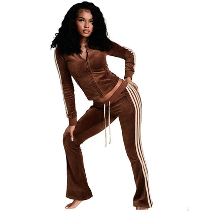 Women's Stripe Velvet Long Sleeve Two Piece Set
