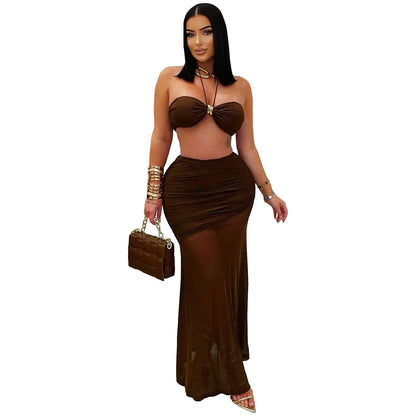 Women's Ruched Halter Crop Two Piece Set