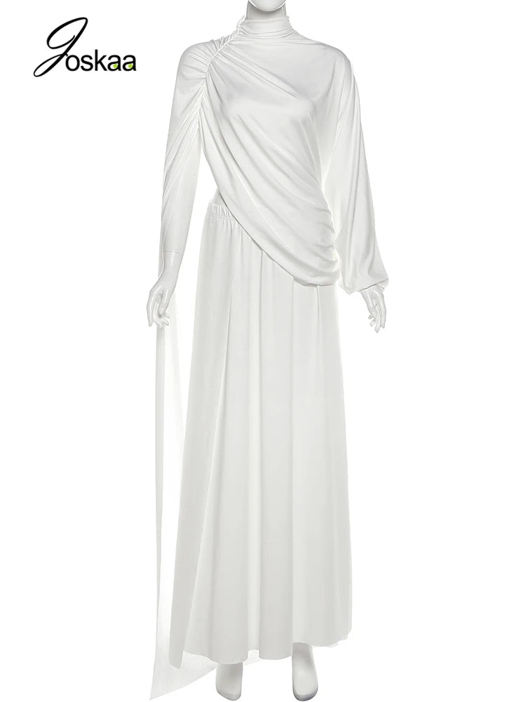 Women's Ruched Elegant Turtleneck One Two Piece Set White – Back View