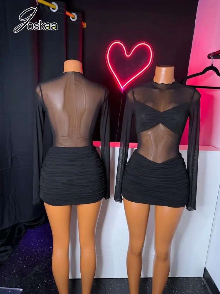 Women's Mesh Ruched Long Sleeve Mini Dress Black – Front View
