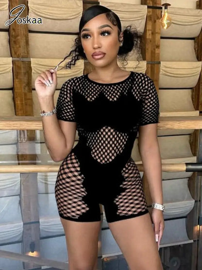 Women's Lace Cutout Short Sleeve Bodycon Romper Black – Front View