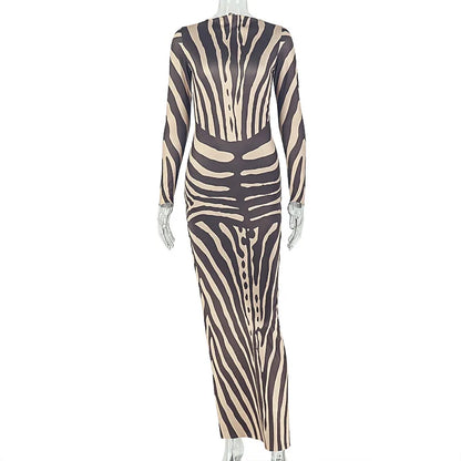 Women's Striped Backless Long Sleeve Bodycon Maxi Dress - Additional View 7