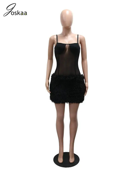 Women's Mesh Bodycon Fall Sheer Black Mini Dress Black – Back View
