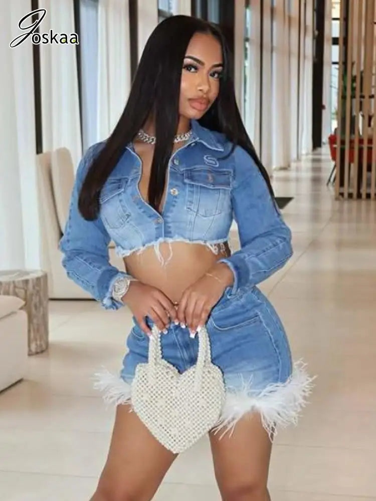 Women's Denim Long Sleeve Crop Two Piece Set Sky Blue – Side View
