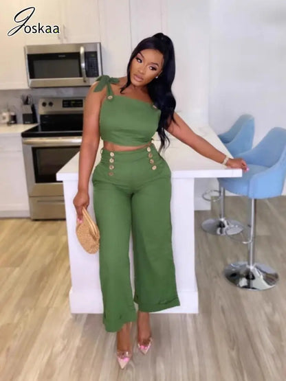 Women's Crop Flare Wide Leg Elegant Two Piece Set Green – Front View