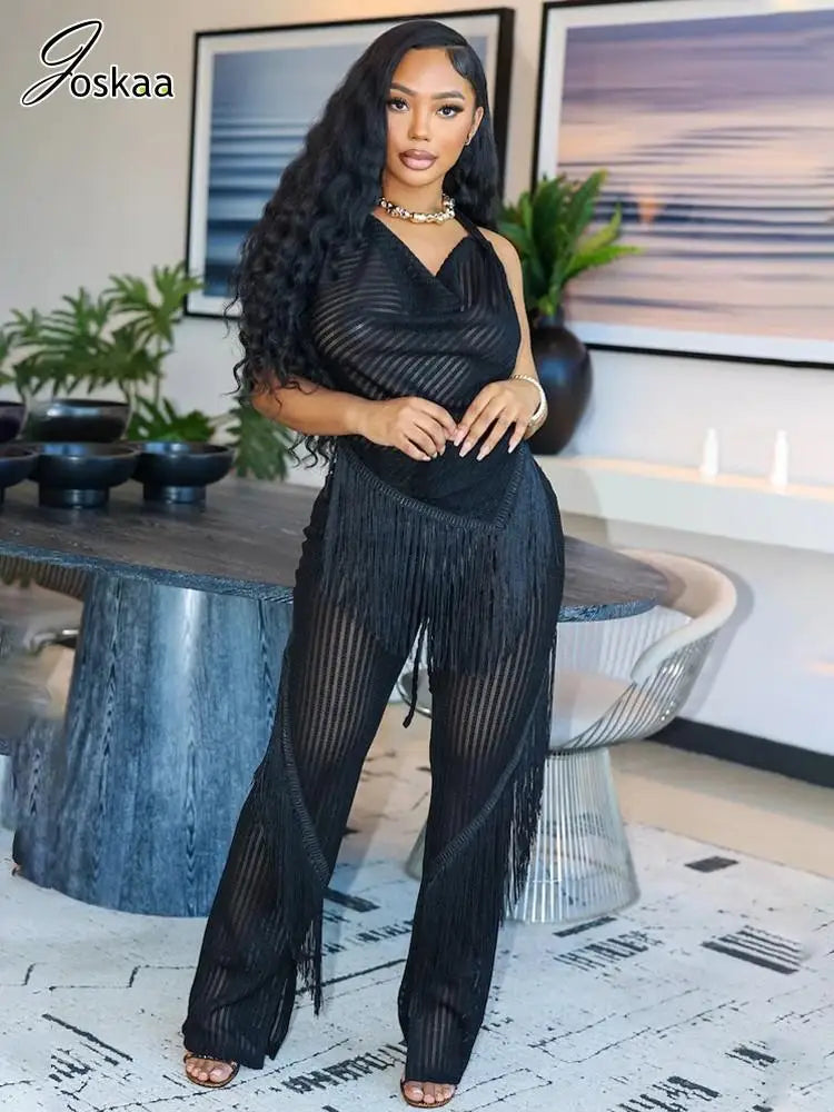 Women's Backless Halter Flare Two Piece Set Black – Side View