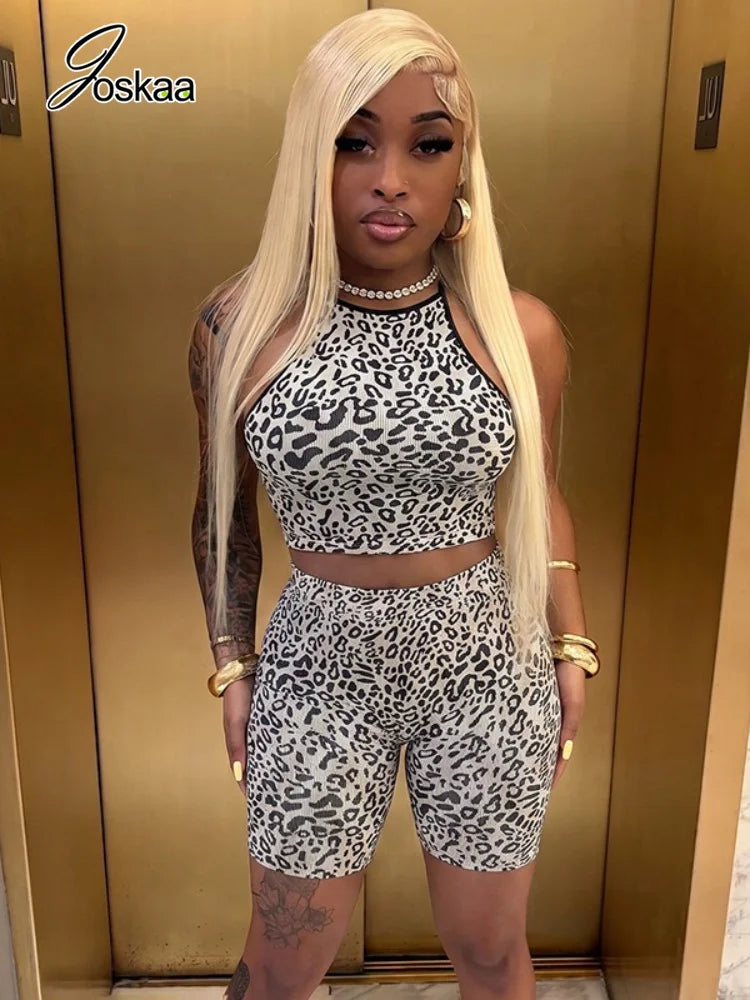 Women's Leopard Print Crop High Waist Two Piece Set Gray – Side View