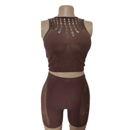 Women's Mesh Cutout Two Piece Set Print Hollow - Detail View 5