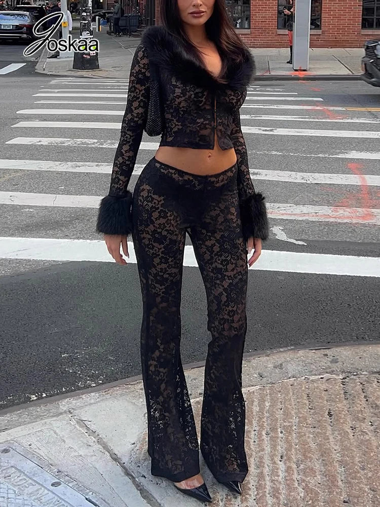 Women's Lace Long Sleeve Flare Two Piece Set Black – Front View