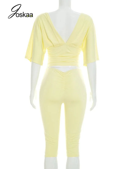 Women's Ruched Crop Solid V-neck Two Piece Set White – Detail View