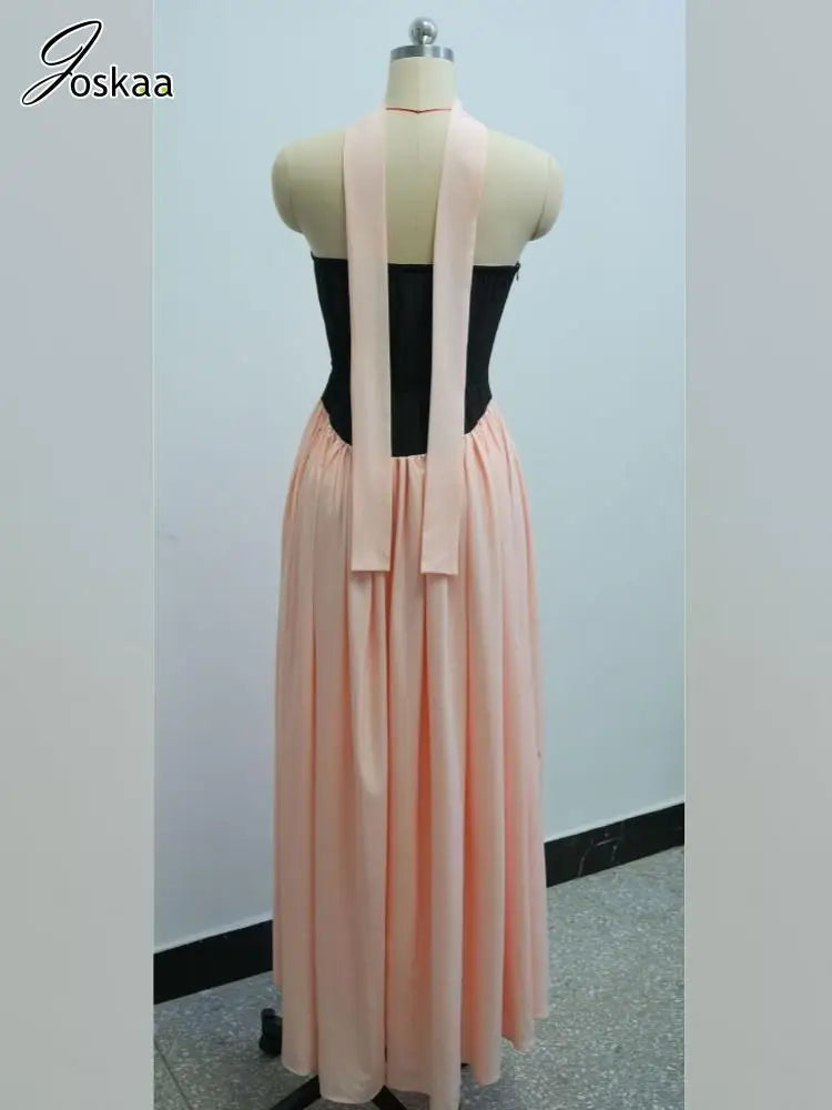 Women's Halter High Waist Bodycon Maxi Dress Pink And Black – Detail View