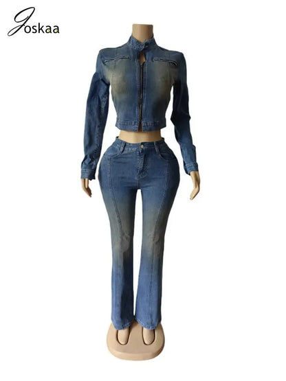 Women's Denim Long Sleeve Crop Two Piece Set – Women's Fashion Wholesale – Front View