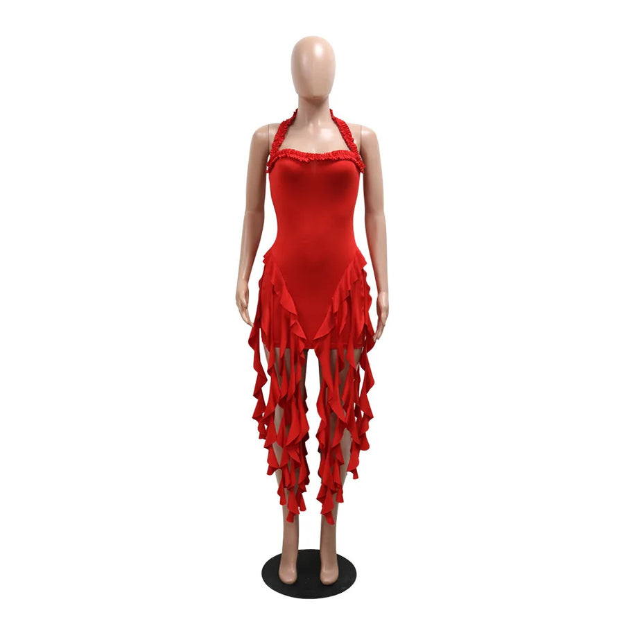 Women's Ruched Halter Solid Irregular Tassels Dress