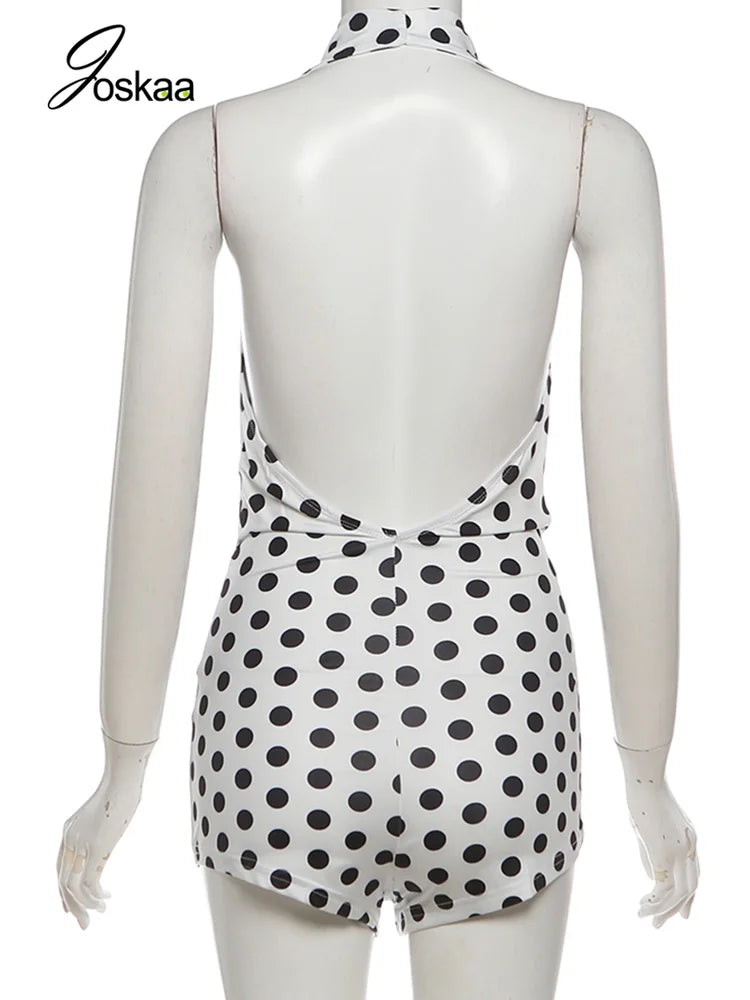 Women's Polka Dot Backless Halter Romper Black – Detail View