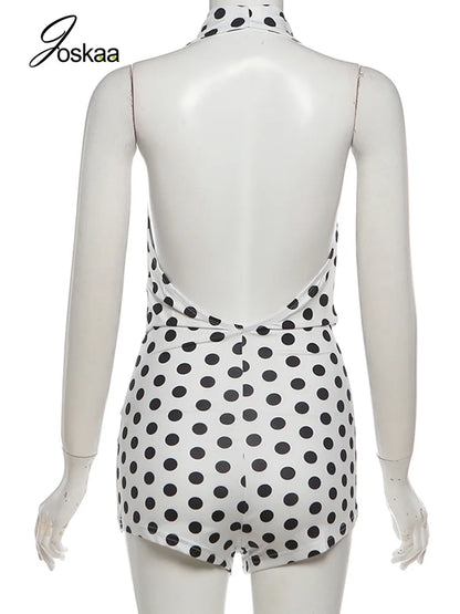 Women's Polka Dot Backless Halter Romper Black – Detail View