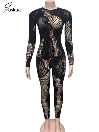 Wholesale Women's Lace Long Sleeve Bodycon Romper Black – Detail View