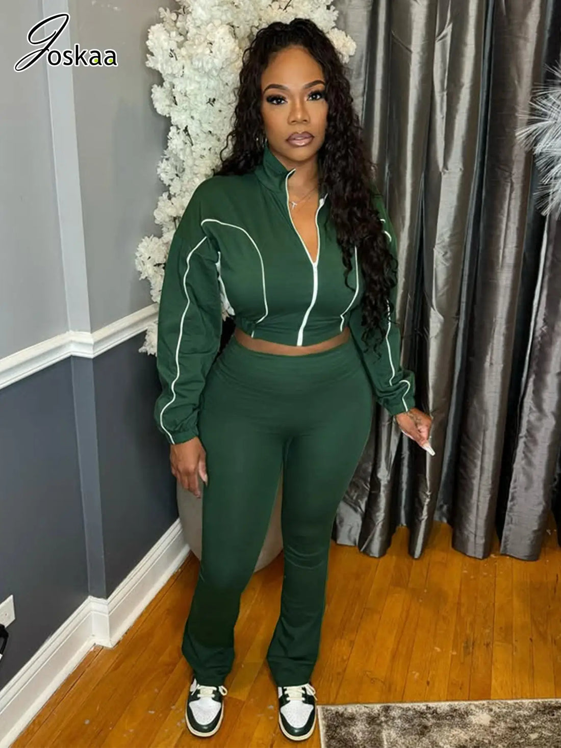 Women's Long Sleeve Flare Zip Two Piece Set – Women's Fashion Wholesale – Front View