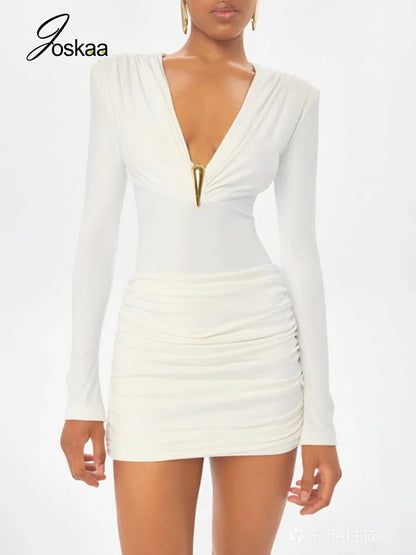 Women's Ruched V-neck Long Sleeve Bodycon Mini Dress - Front View