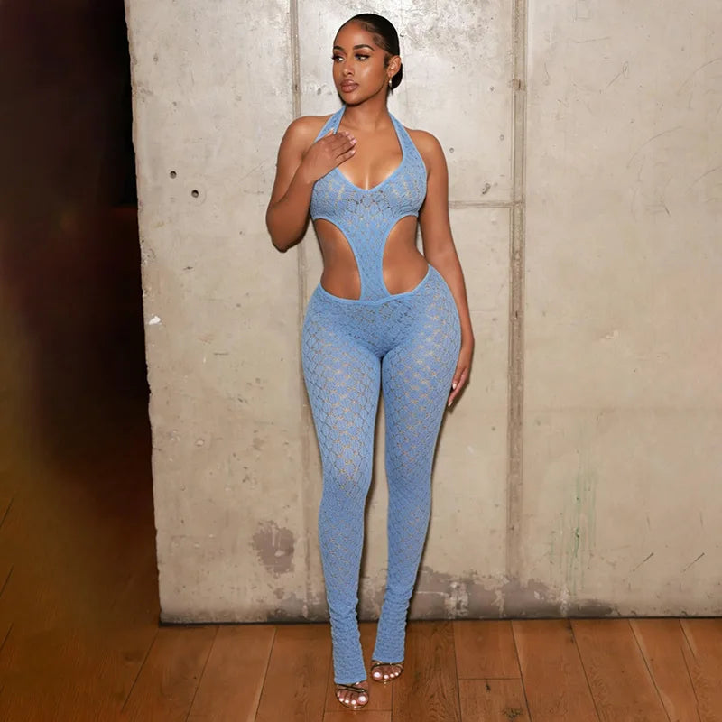 Women's Mesh Knit Backless Halter Ribbed Romper