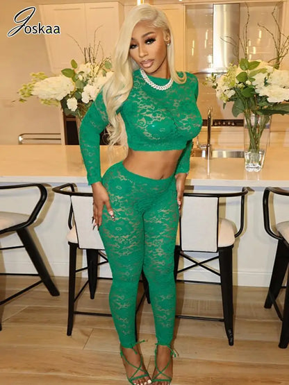 Women's Lace Long Sleeve Crop Two Piece Set Green – Front View