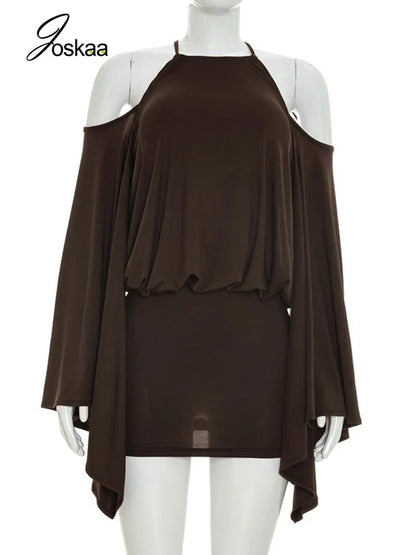 Women's Ruched Backless Halter Long Sleeve Mini Dress - Back View