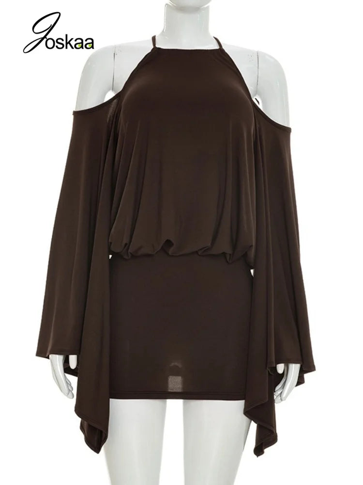 Women's Ruched Backless Halter Long Sleeve Mini Dress - Back View