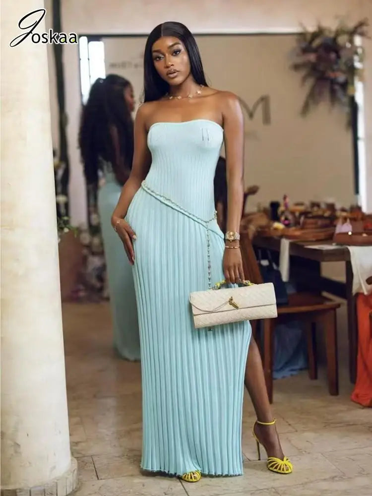 Women's Knit Strapless Ribbed Maxi Dress Light Blue – Front View