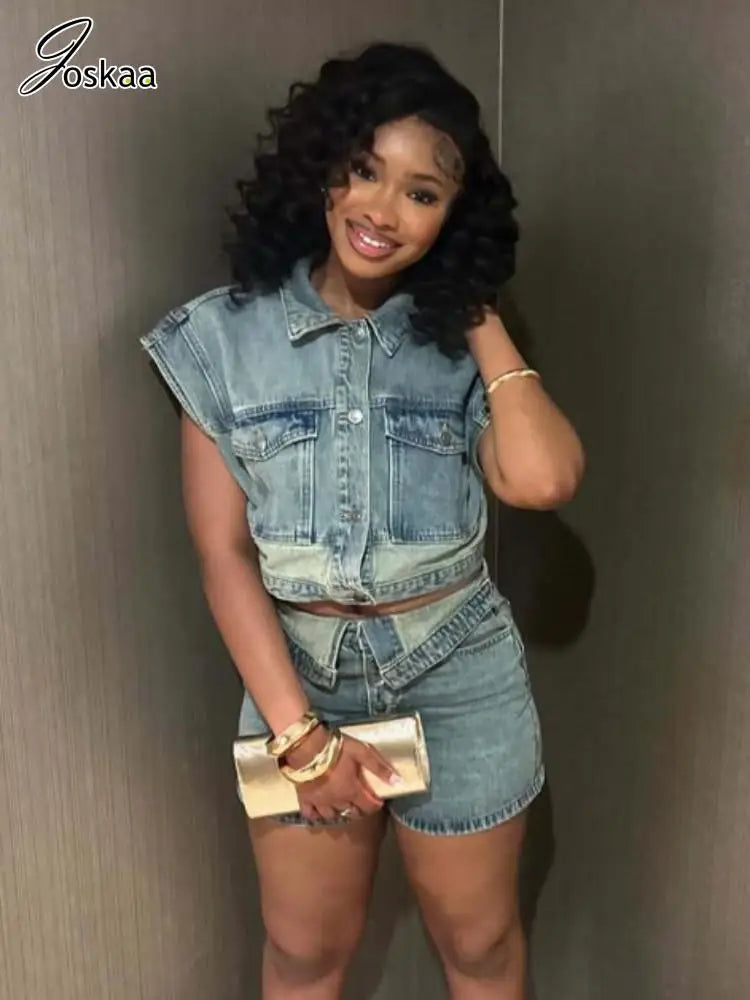 Women's Denim Patchwork Stretch Lapel Two Piece Set Sky Blue – Back View