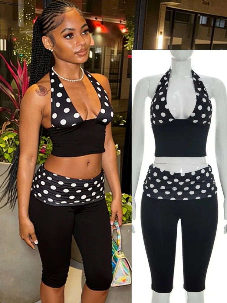 Women's Polka Dot Backless Halter Two Piece Set - Side View