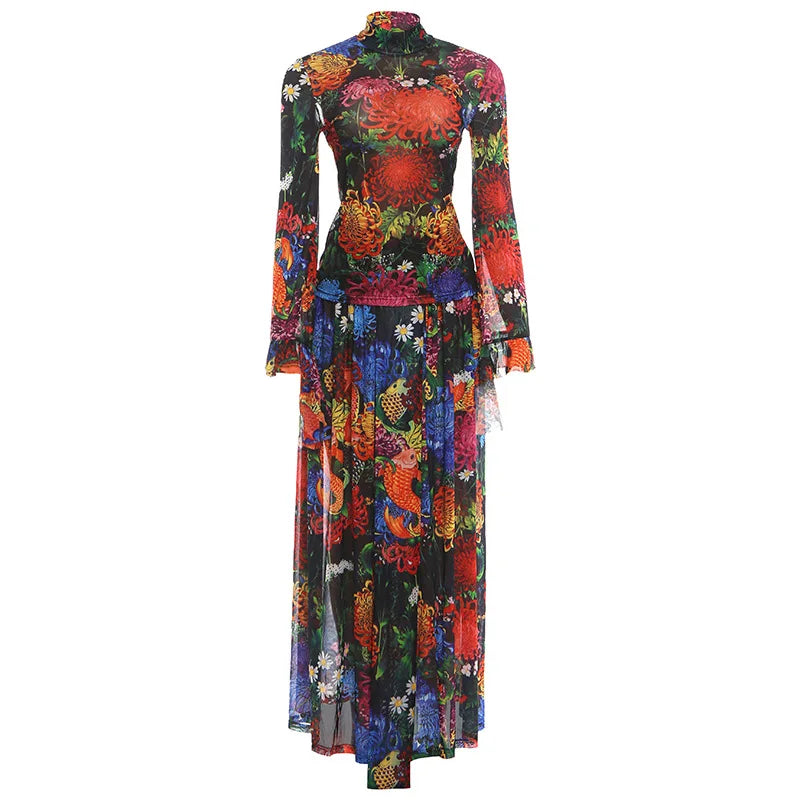 Women's Floral Print Mesh Long Sleeve Two Piece Set