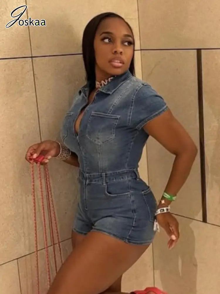 Women's Denim Short Sleeve Bodycon Romper Blue – Side View