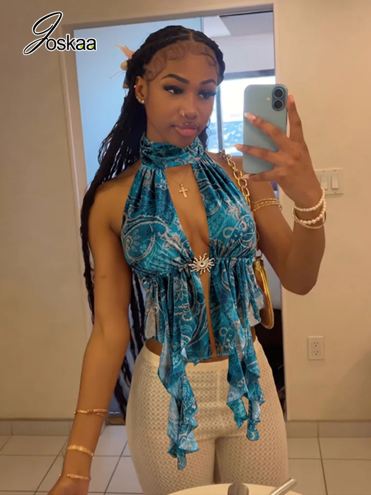 Women's Mesh Backless V-neck Halter Top Print Bandage Tank - Women's Fashion Wholesale - Front View