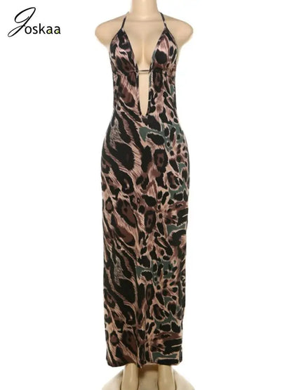 Women's Leopard Print Lace Backless Maxi Dress Leopard Print – Back View