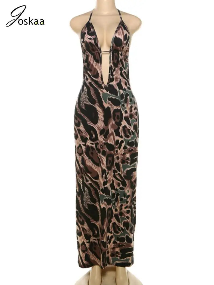Women's Leopard Print Lace Backless Maxi Dress Leopard Print – Back View