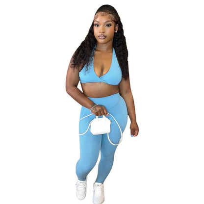 Women's Backless Halter Long Sleeve Two Piece Set