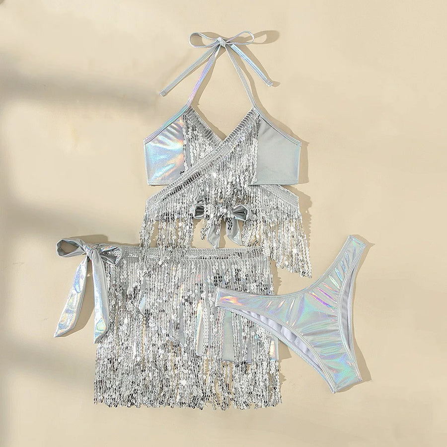 Women's Sequin Halter Swimwear Shiny Tassel Bikini Set